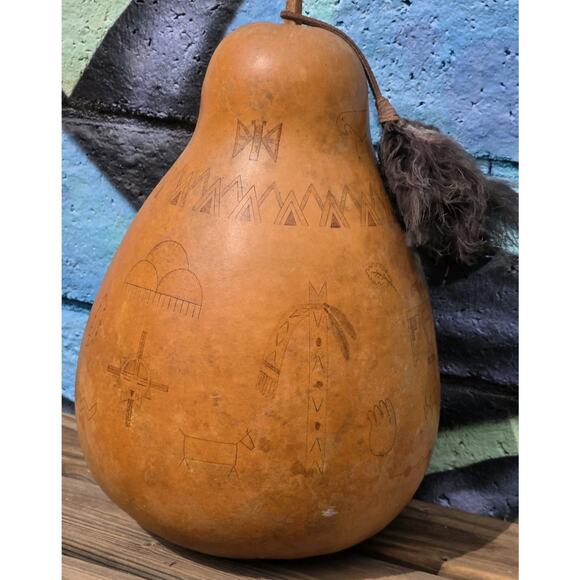 Native American Hand Etched Gourd Signed Southwest Art Design 1988 15"x8½" EUC - Picture 3 of 16